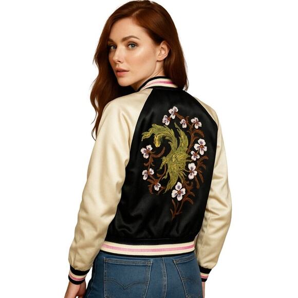 Reversible Charmeuse Embroidered Bomber Jacket Reversible Pockets Black Pink - Picture 1 of 11